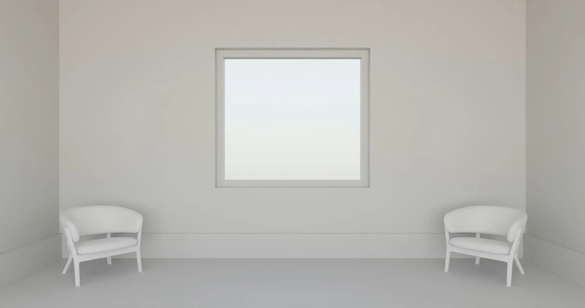 Zwei weiße Stühle in einem hellen, leeren Raum mit Fenster
